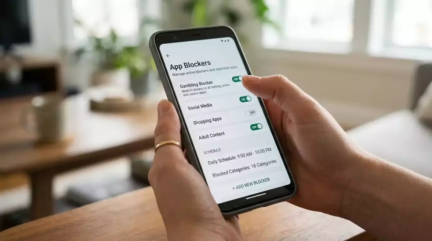 Mobile phone settings page showing a gambling-blocker app entry
