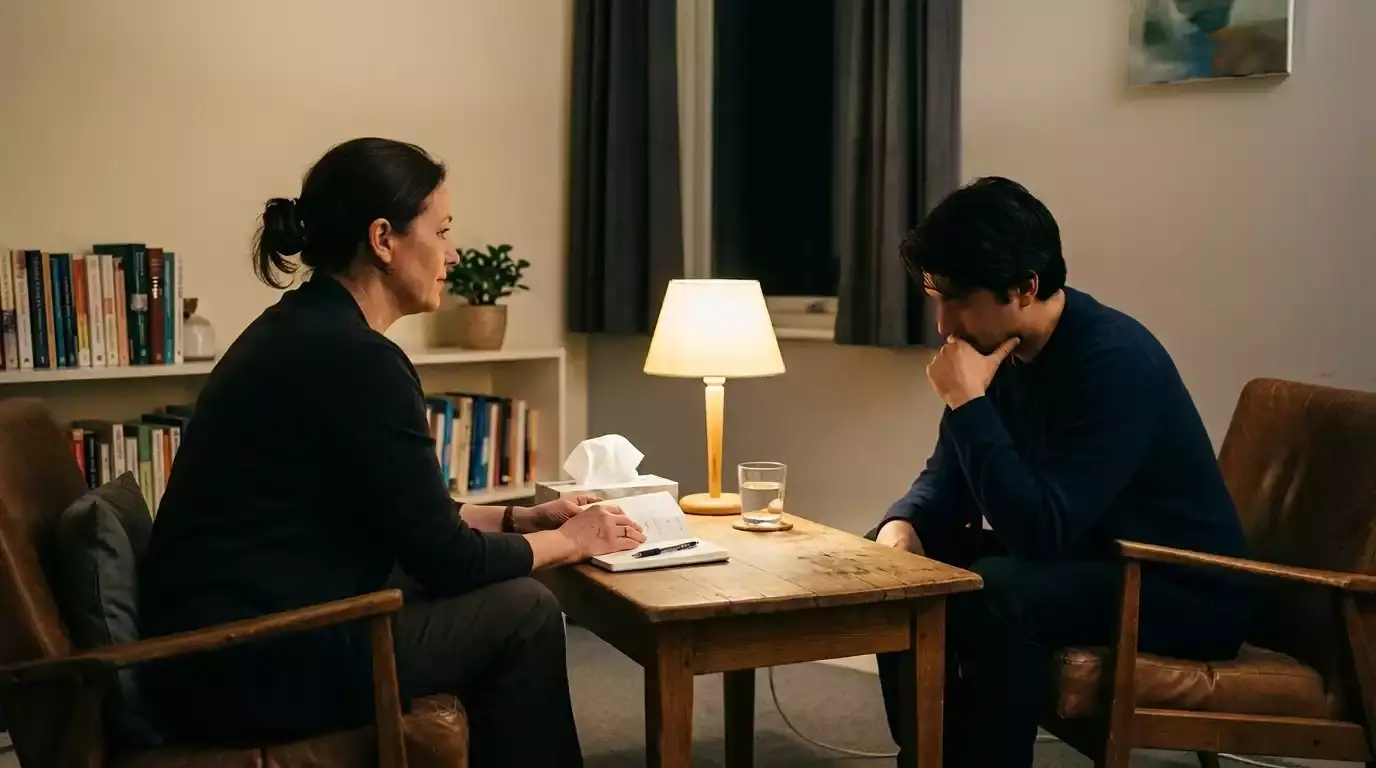 Counsellor speaking with a client across a small table in a quiet room