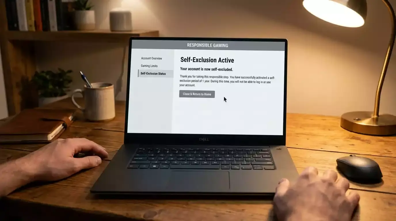 Laptop screen showing a confirmed self-exclusion status page