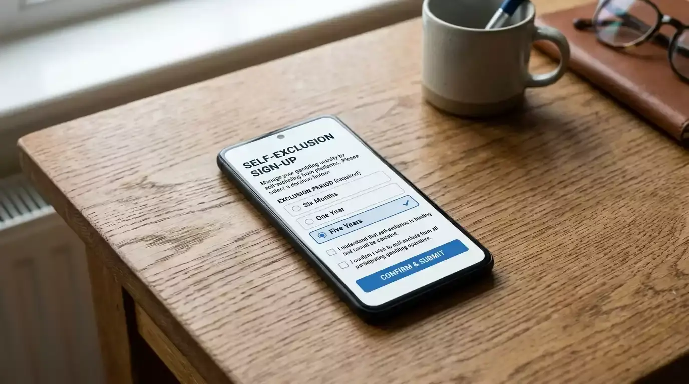 Smartphone displaying a generic self-exclusion sign-up form with period options