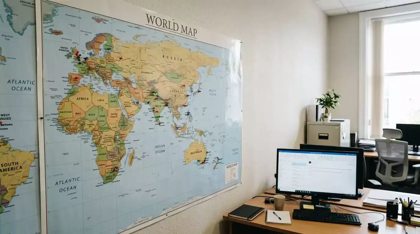 World map on a wall pinned with small markers across cricket-playing regions