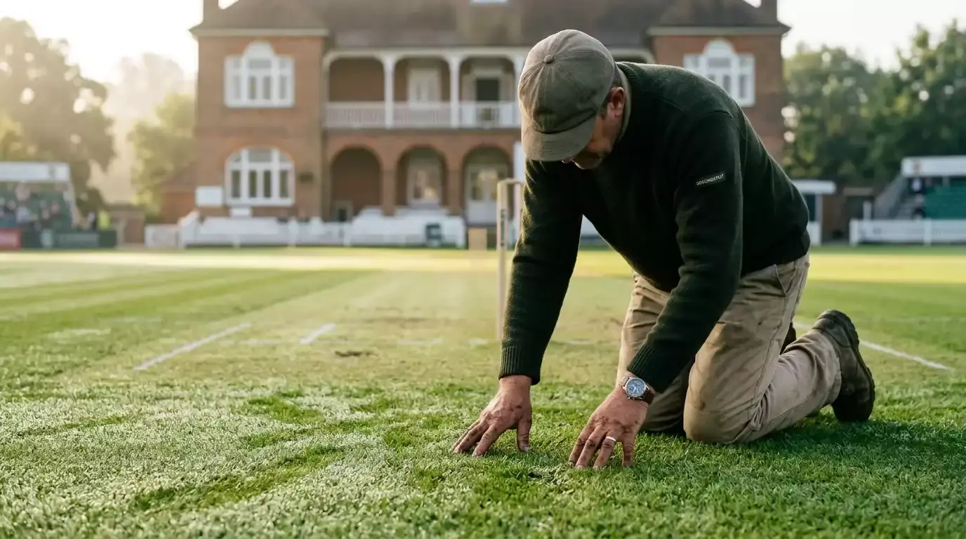 Groundsman inspecting a green-top cricket pitch in early morning light