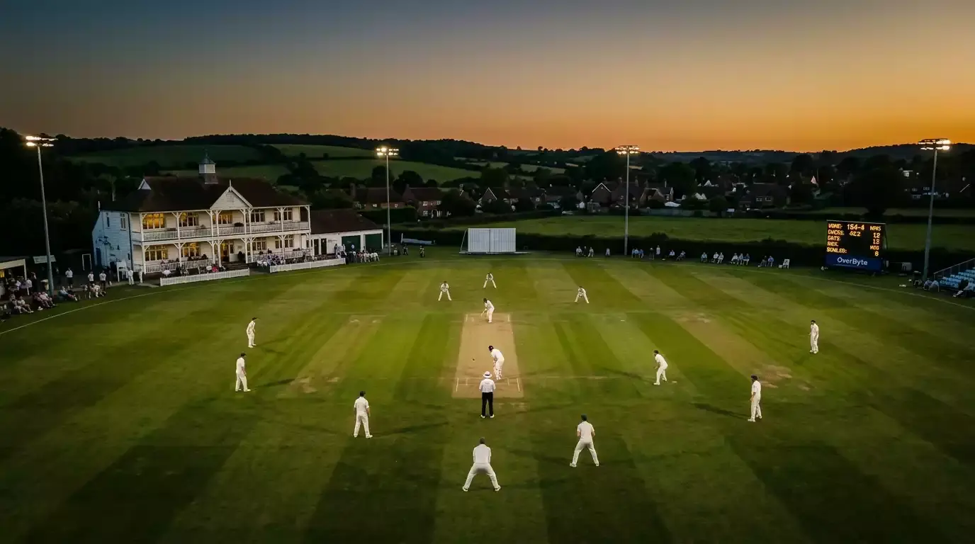 Aerial view of a UK county cricket ground at dusk, scoreboard lit up against the stand
