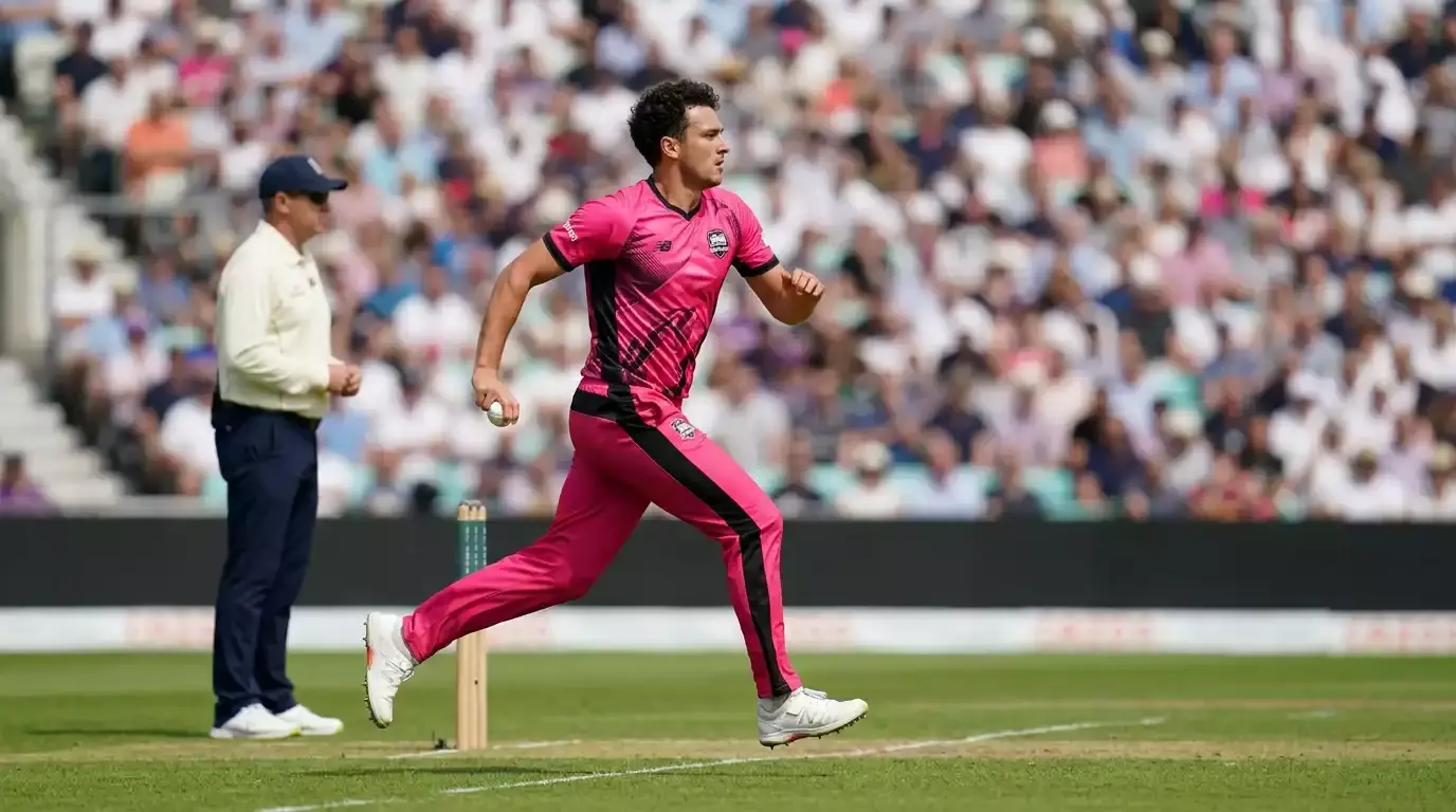 The Hundred fast bowler in coloured kit running in to deliver the first ball of a new set with bright stadium lighting