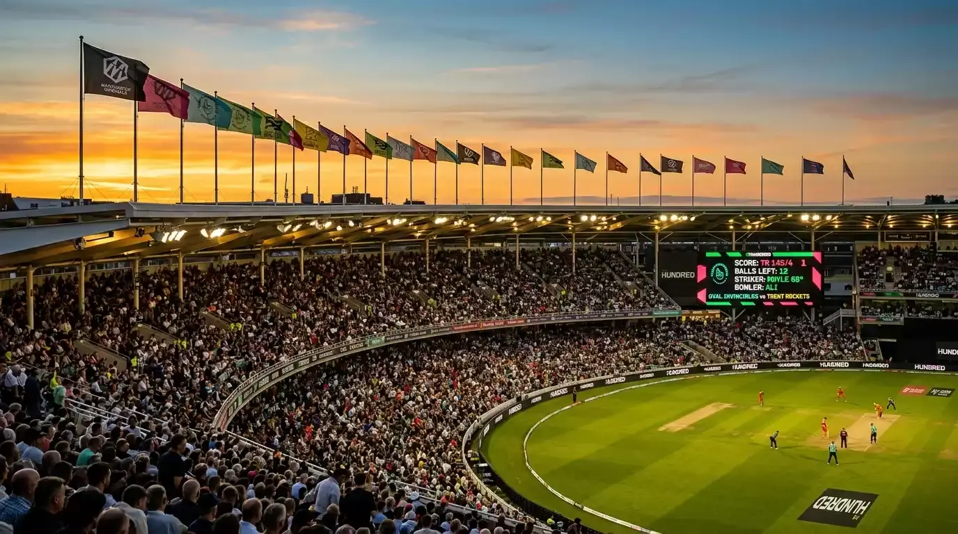 Hundred team flags above a packed stadium under summer evening light with electronic scoreboard visible