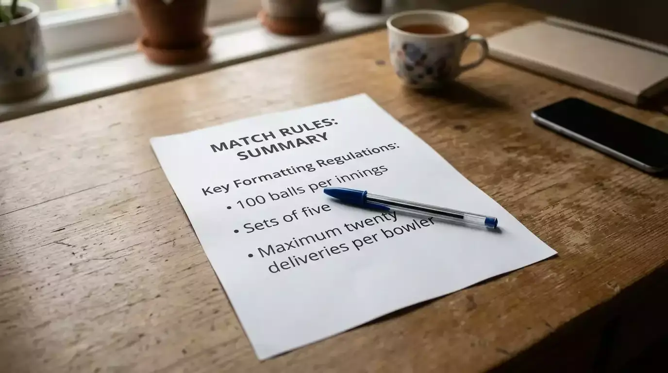 Printed format-rules page summarising 100-ball innings structure
