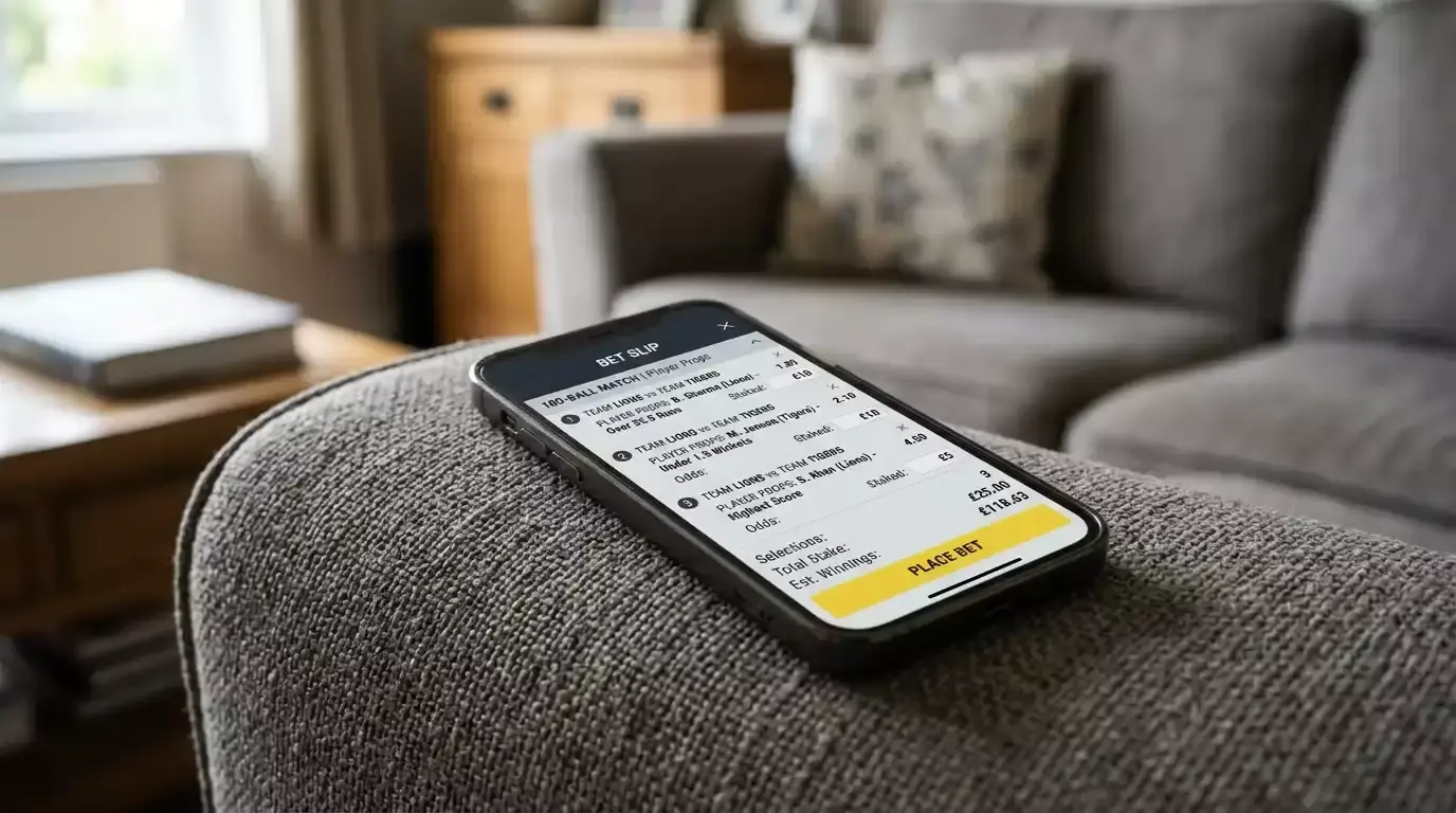 Smartphone showing a player props bet slip for The Hundred match