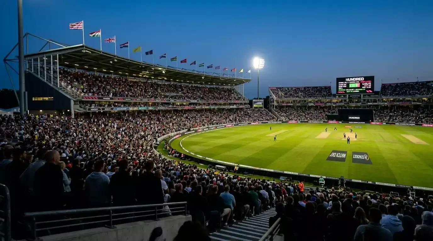 The Hundred-style stadium at twilight with team flags above a packed crowd