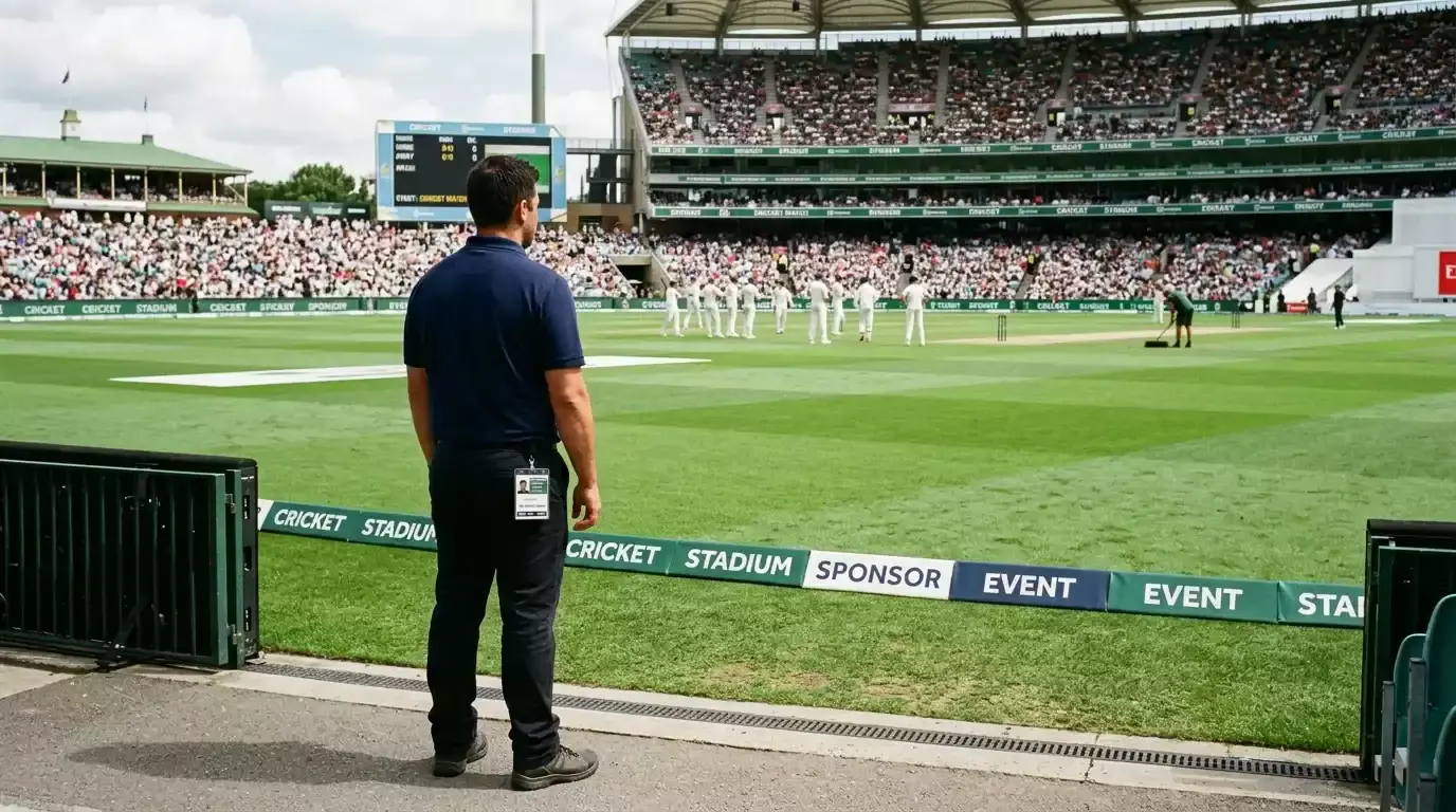 Anti-corruption officer in a polo shirt standing pitchside before a match
