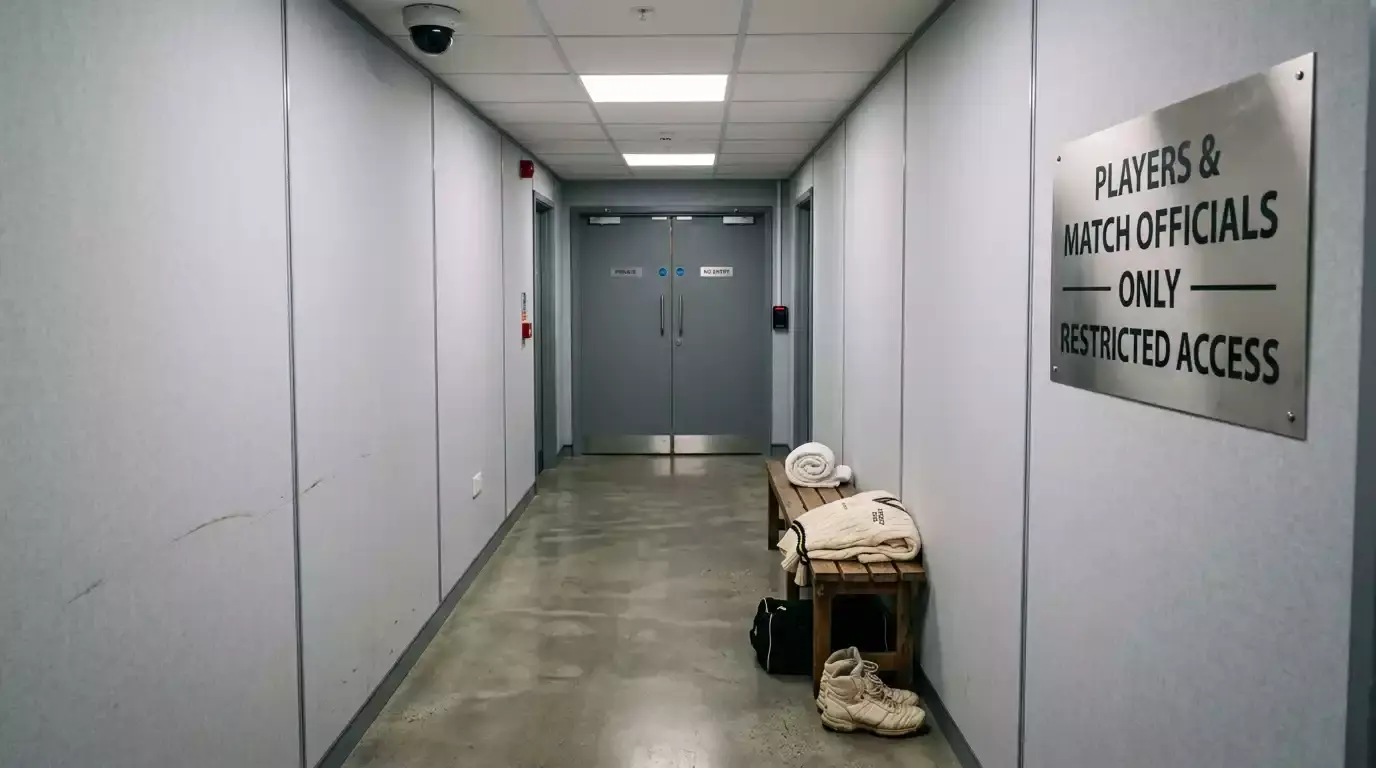 Secured player dressing room corridor at an international cricket venue with restricted access signage on the wall