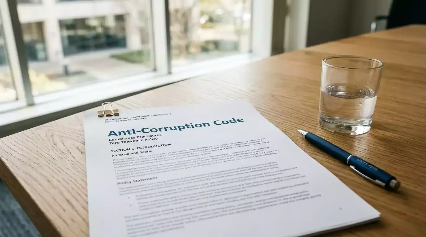 Printed international cricket anti-corruption policy document on a meeting table