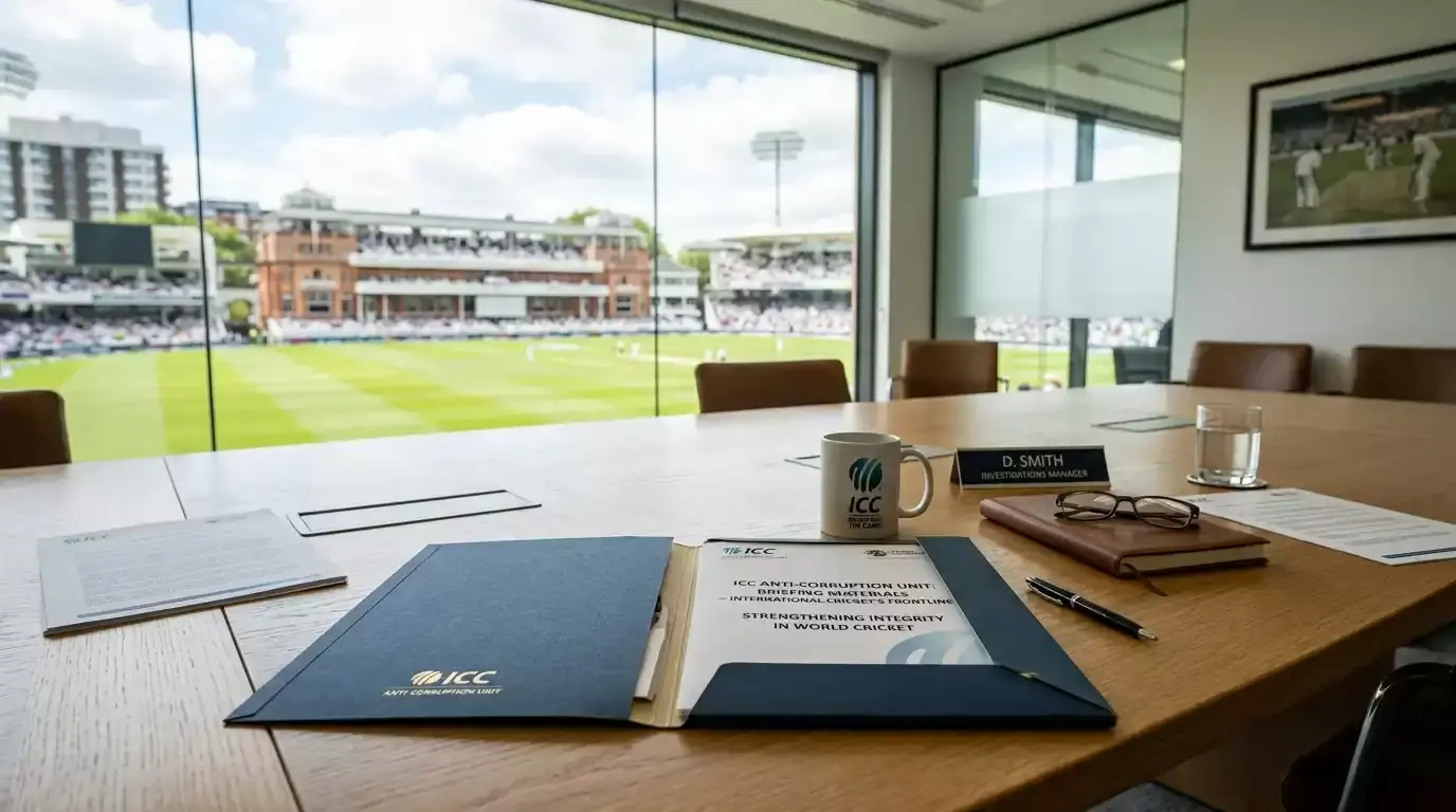 ICC headquarters office interior with cricket integrity briefing materials on a meeting table