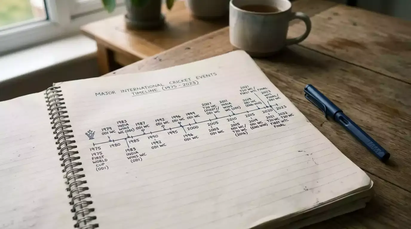 Notebook timeline showing major international cricket events year by year