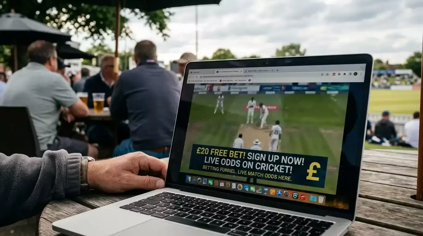 Laptop screen showing a low-resolution sports stream with overlay banner advertising betting
