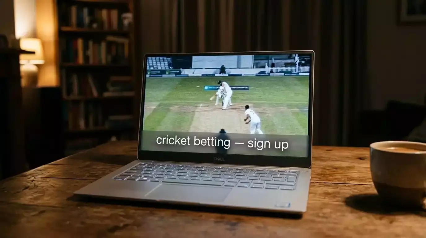 Low-resolution illegal cricket stream with an overlay banner advertising betting
