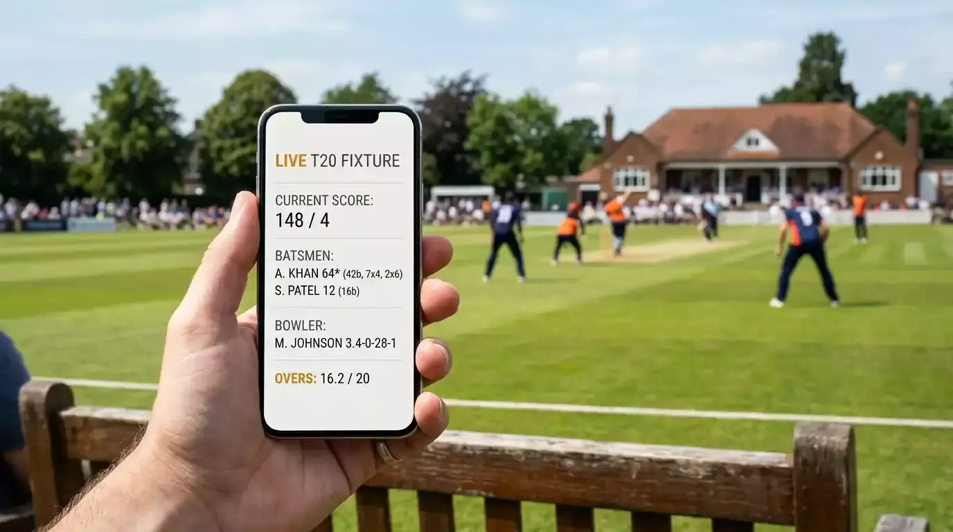 Smartphone held in one hand showing a clean live cricket scorecard at the boundary of a ground