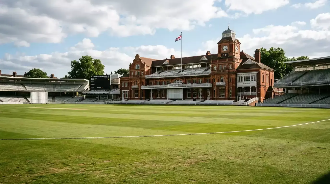 View of the Lord's pavilion from the outfield on a Test match morning