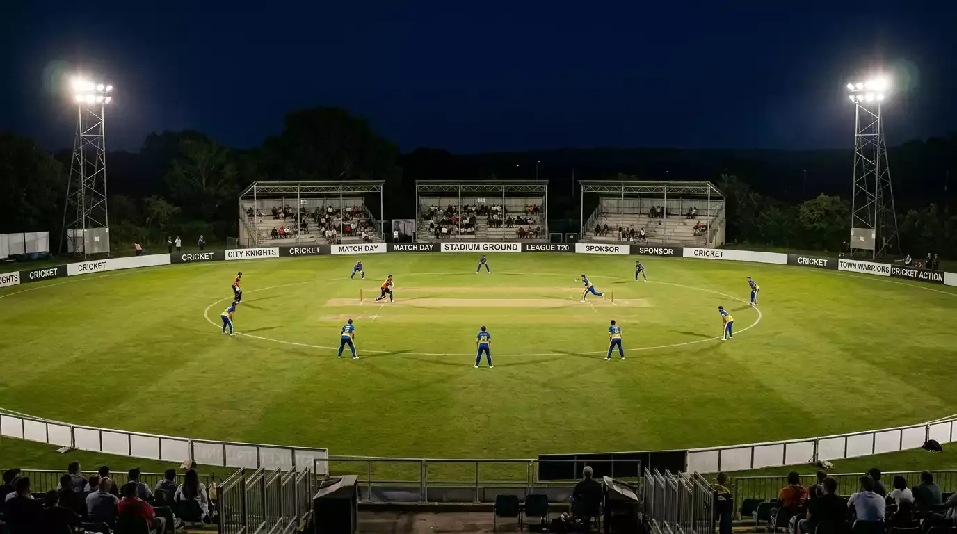 Small floodlit cricket ground hosting a lower-tier franchise league night match with sparse crowd in temporary stands