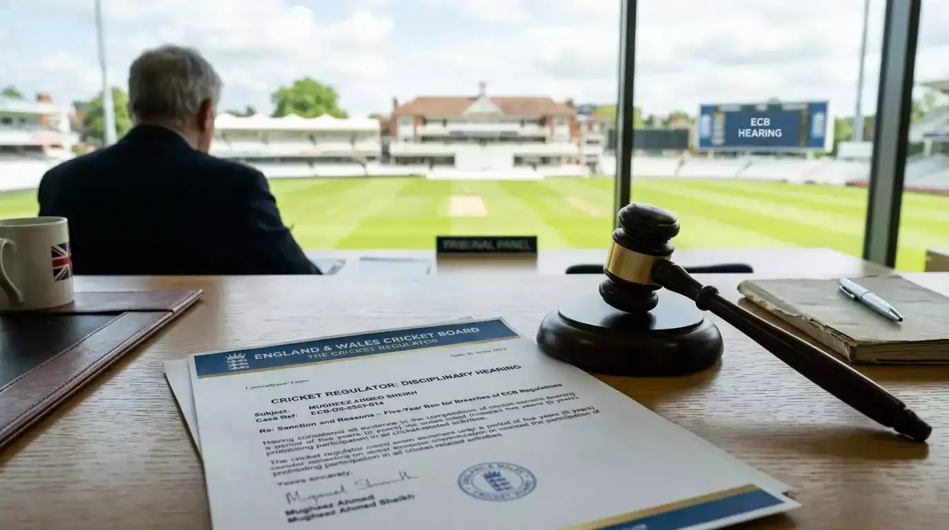 Disciplinary hearing documents and gavel on a desk with cricket regulator letterhead visible