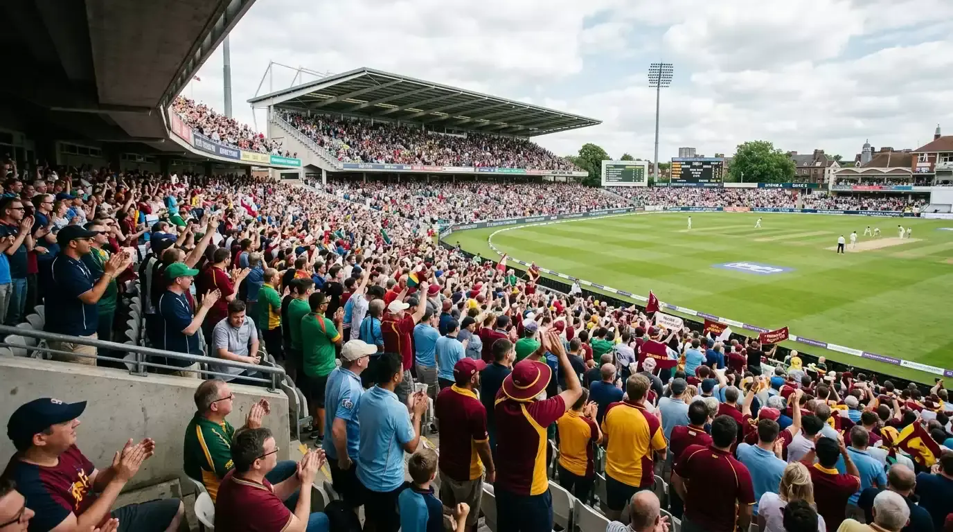 Diverse crowd of cricket fans in colourful jerseys at a UK ground