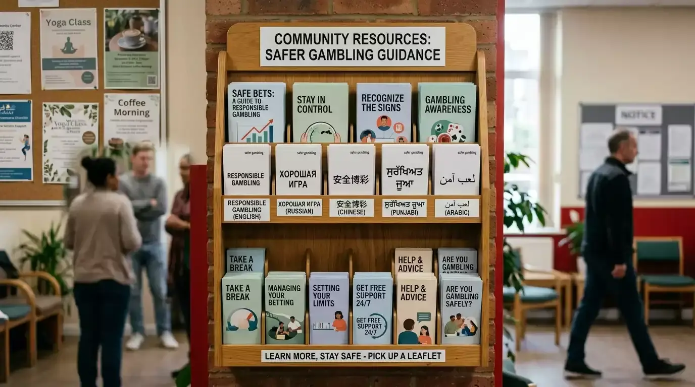 Display rack with safer-gambling leaflets in several languages