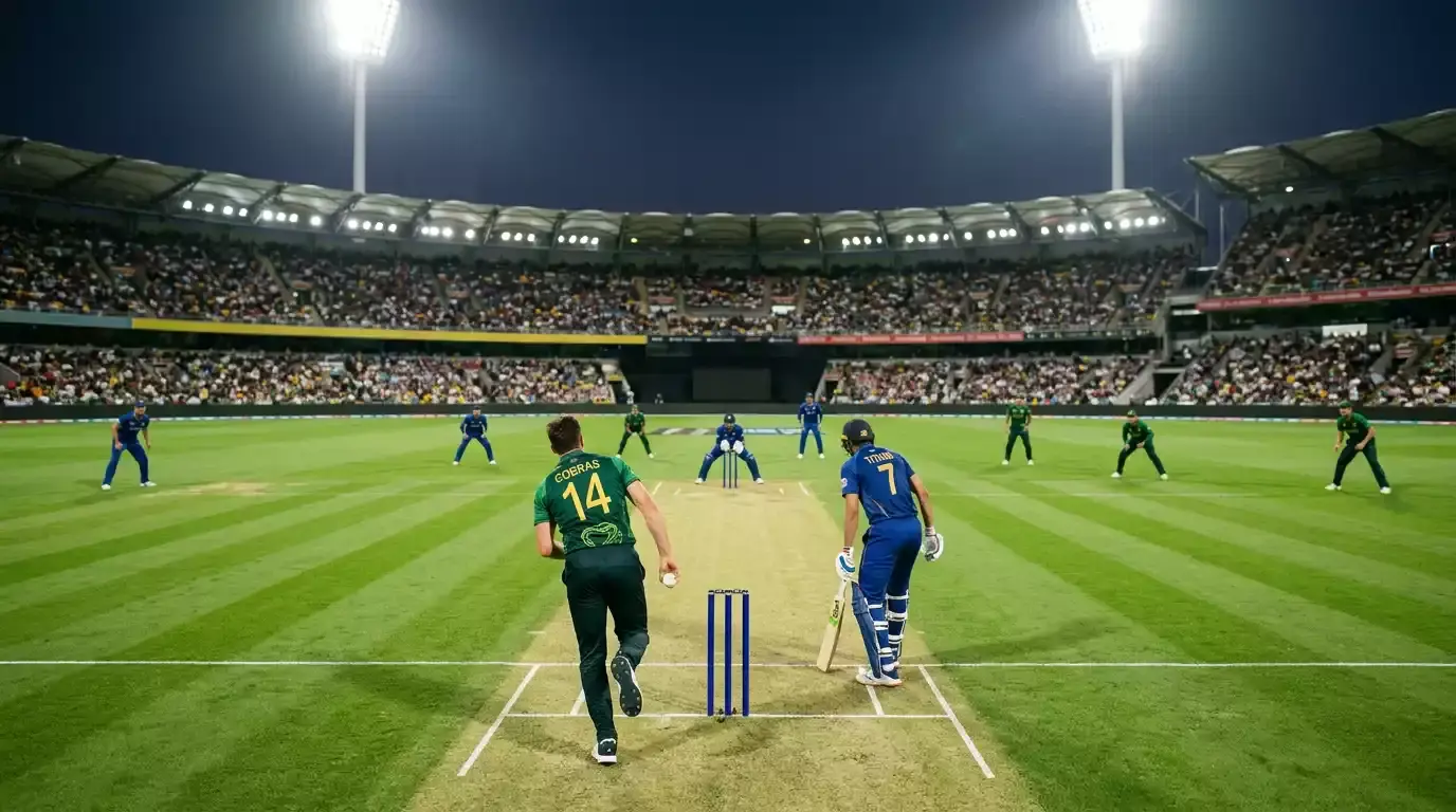 Floodlit ODI day-night fixture with both teams in coloured kit and a full crowd in the stands behind the bowler's arm