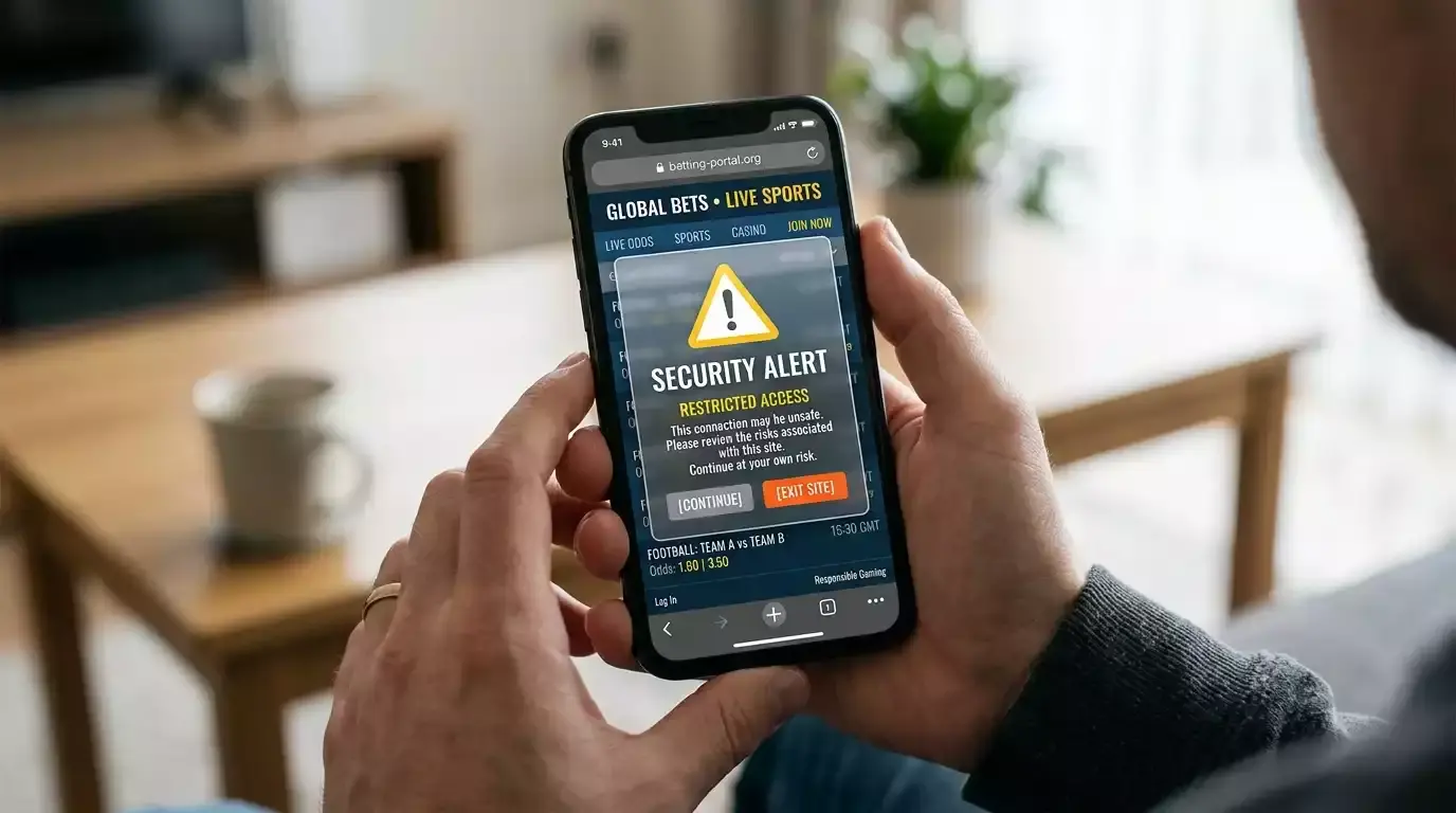 Smartphone showing a generic warning icon overlay above an offshore betting page