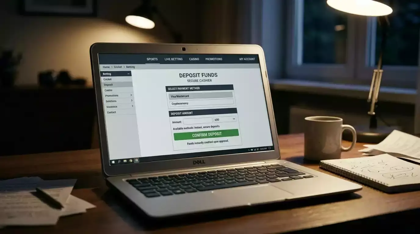 Laptop showing an unbranded offshore cricket betting interface in low light