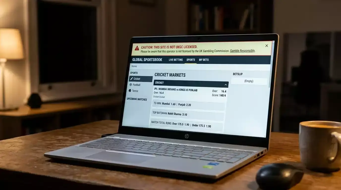 Laptop showing a warning overlay on an unlicensed offshore betting site