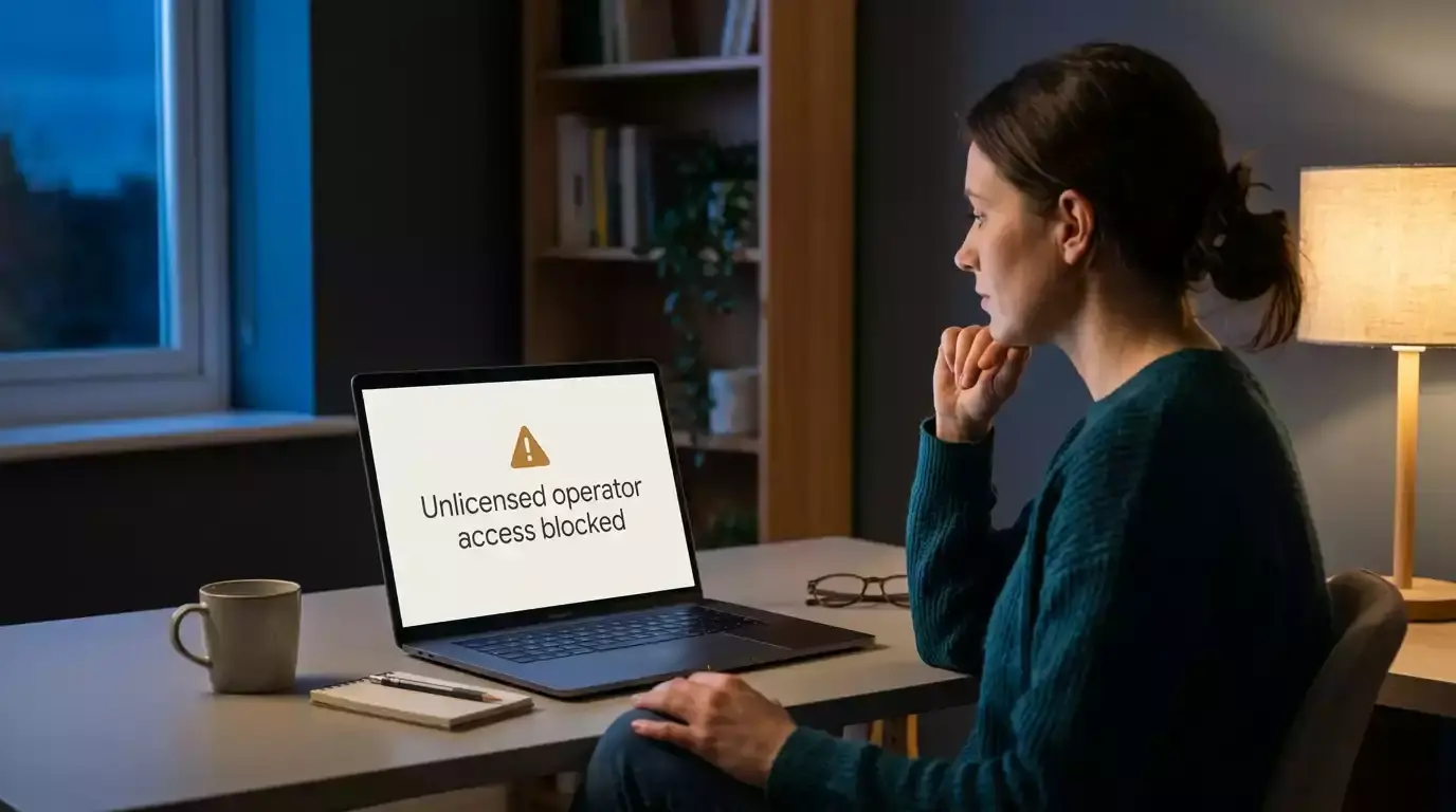 Warning sign on a laptop screen showing a blocked unlicensed gambling website in a dim office