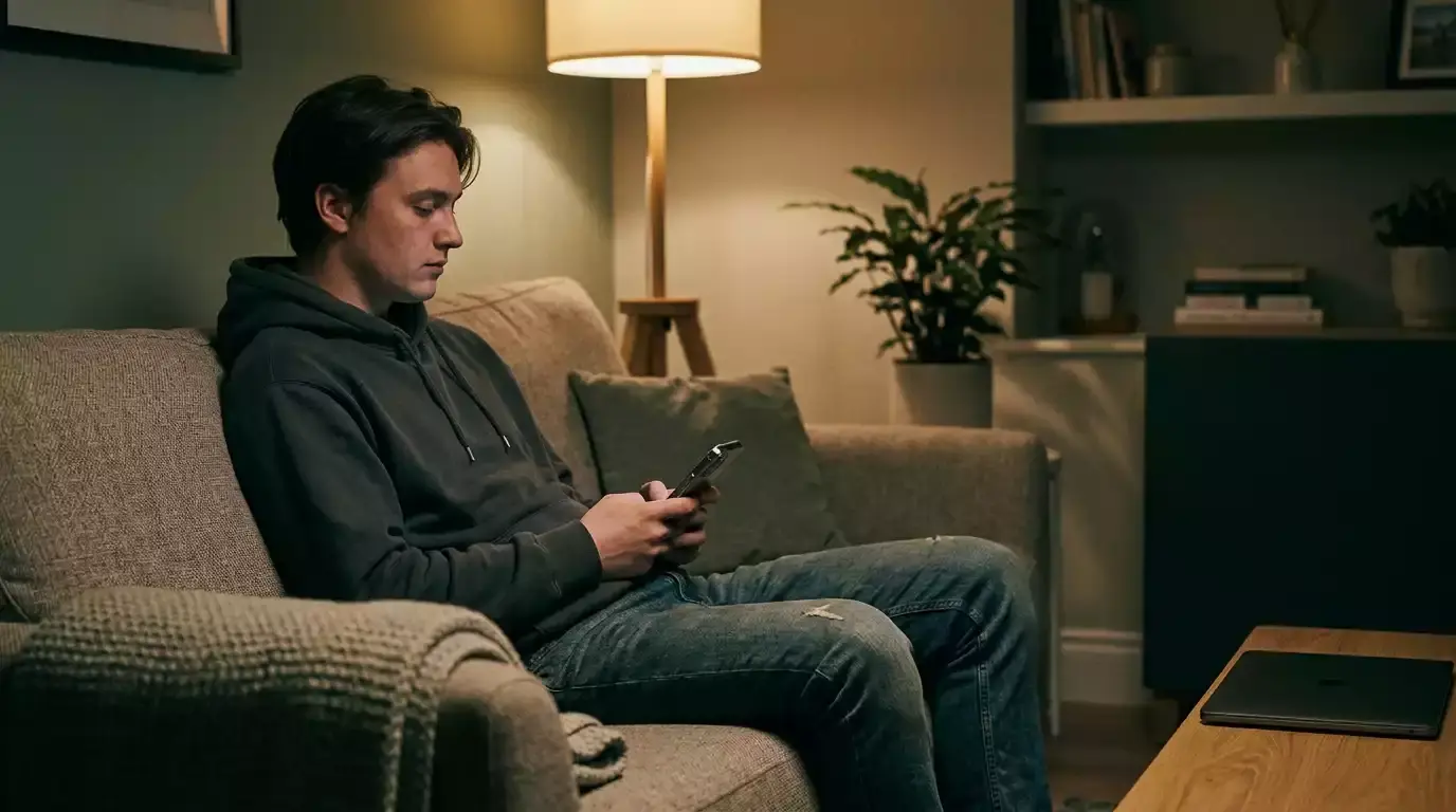 Young adult in their early twenties looking thoughtfully at a smartphone in a dim sitting room at night