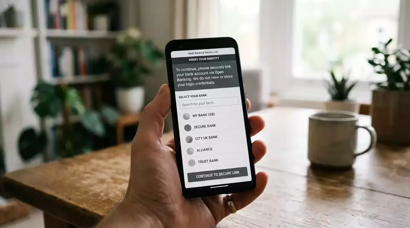 Mobile phone showing a generic open-banking verification step on a screen