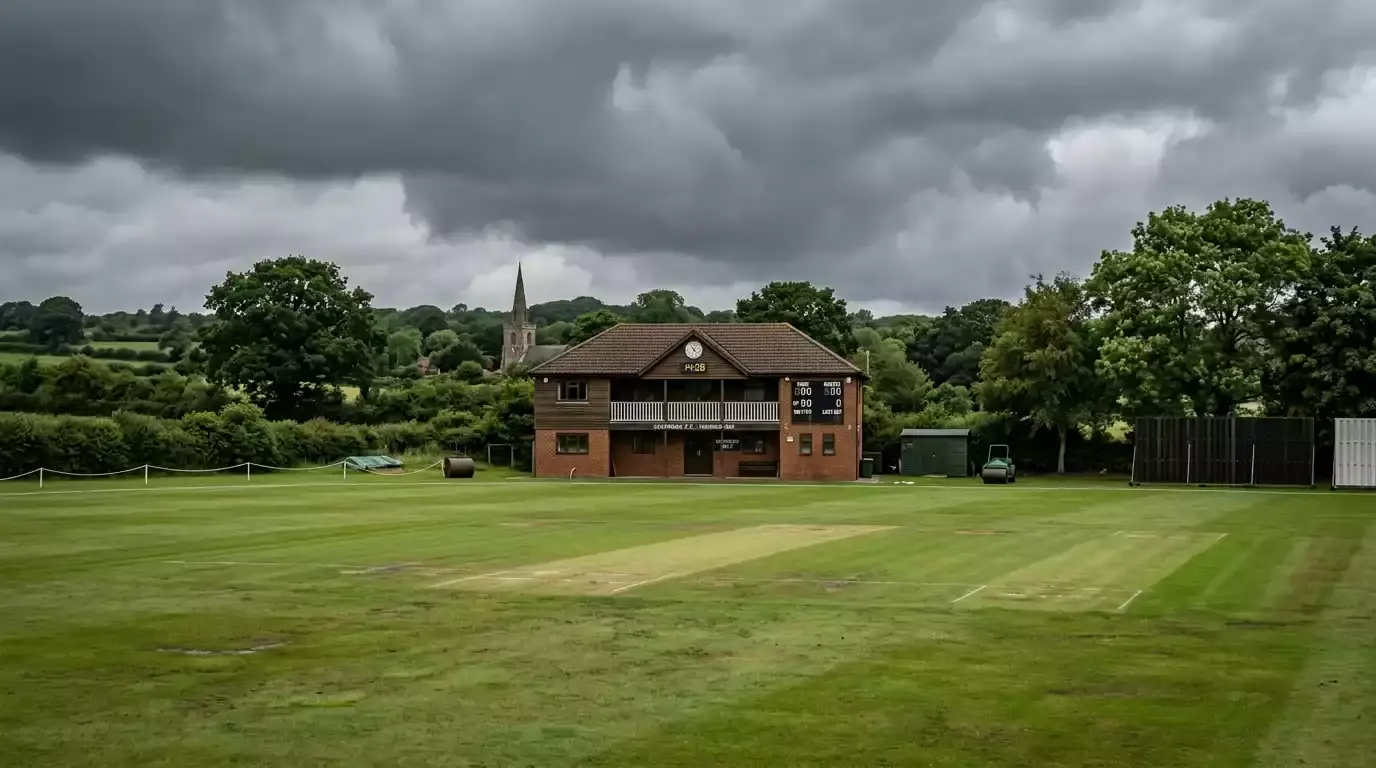 Heavy overcast sky above an English county cricket ground before the toss
