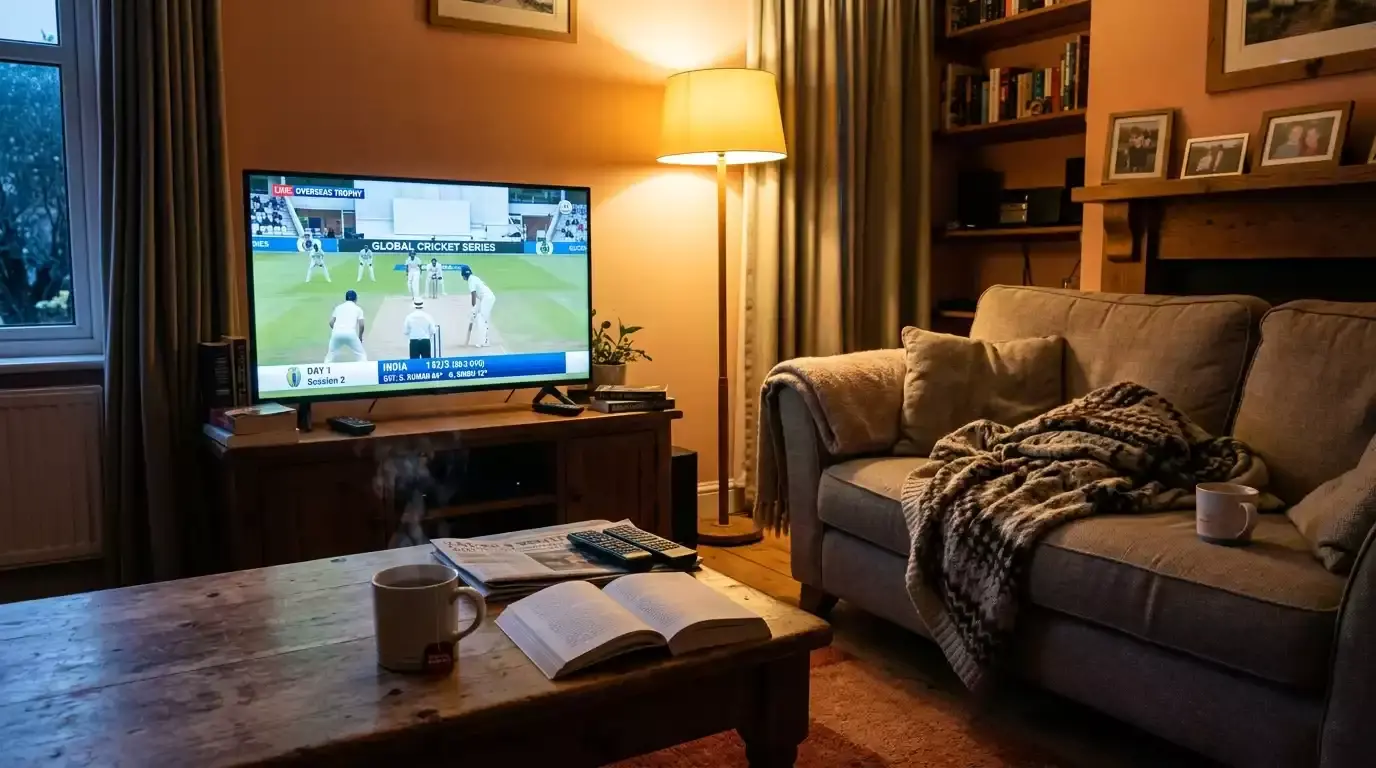 UK living room with a TV showing an overseas cricket tournament in early hours