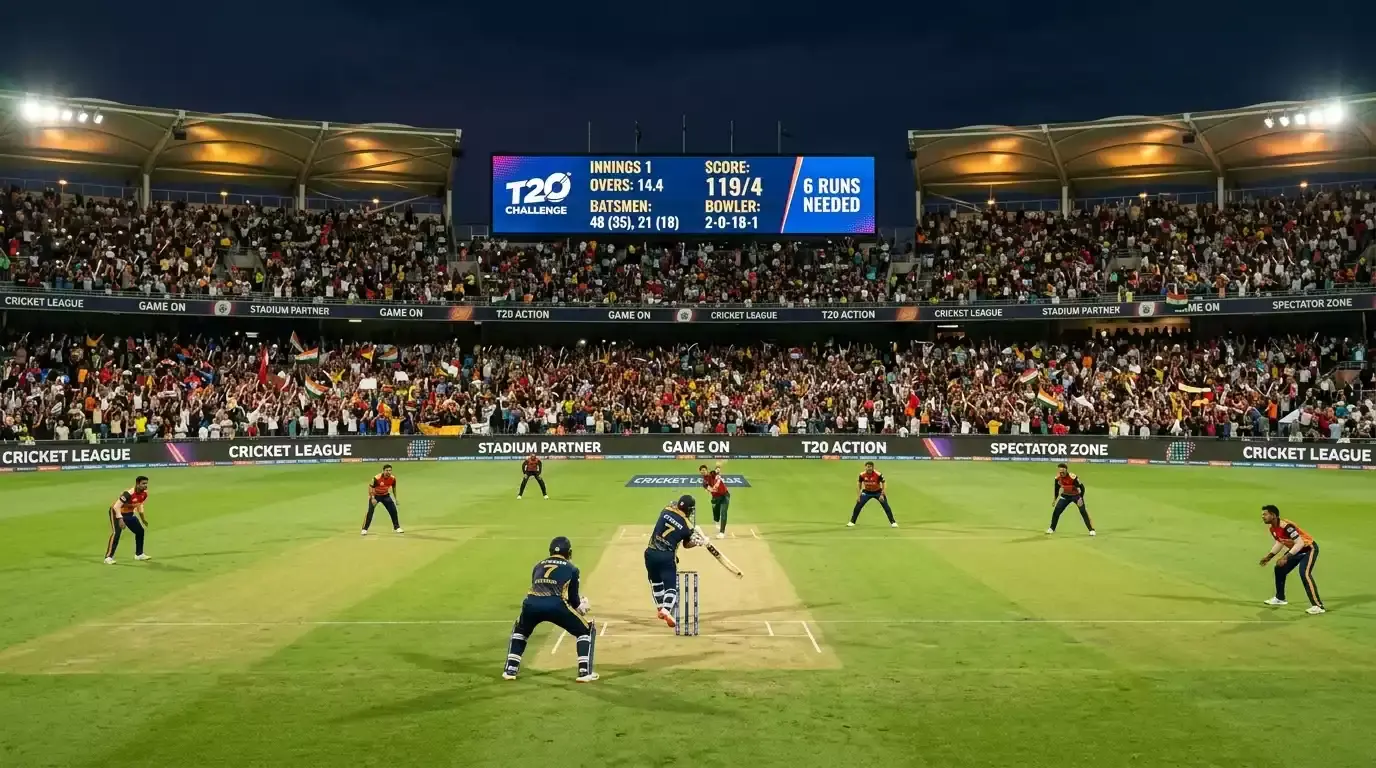 Overseas domestic T20 league match at night in a floodlit packed stadium
