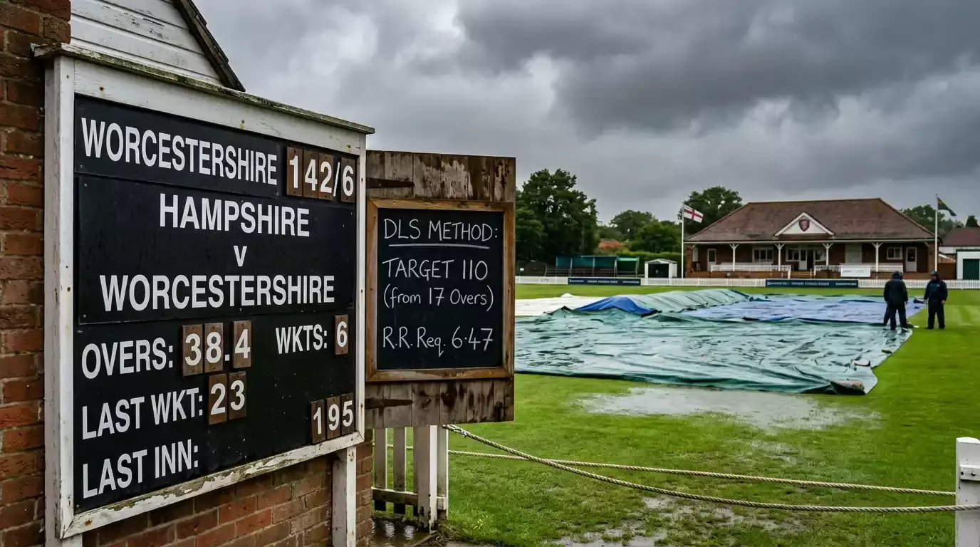 Cricket scoreboard during a rain interruption with revised target visible