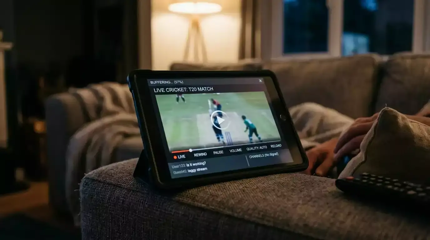 Tablet showing a buffering cricket pirate stream in a dim room