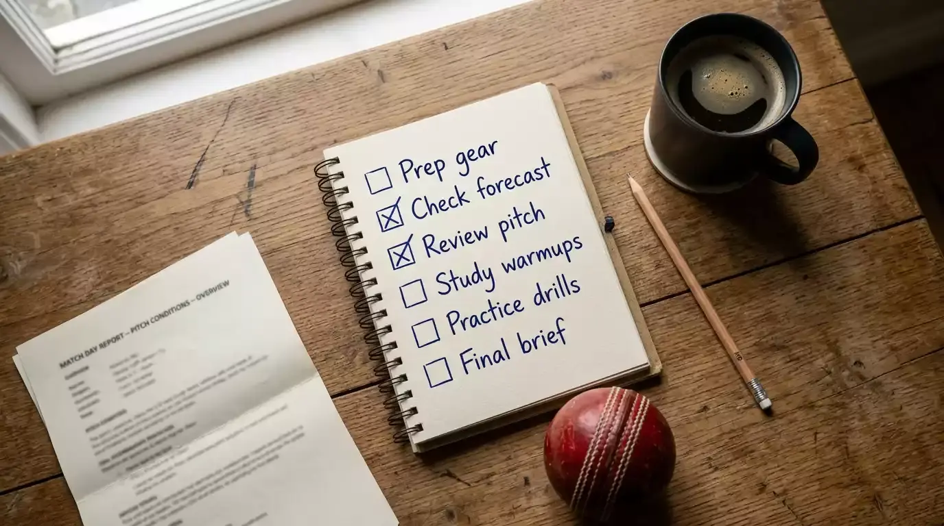 Open notebook on a wooden table with a short handwritten checklist beside a cup of black coffee