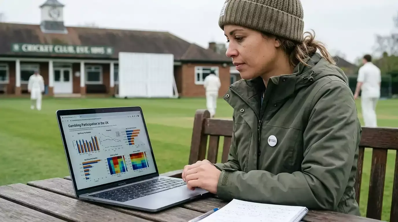Researcher analysing UK gambling participation data on a laptop screen with charts visible