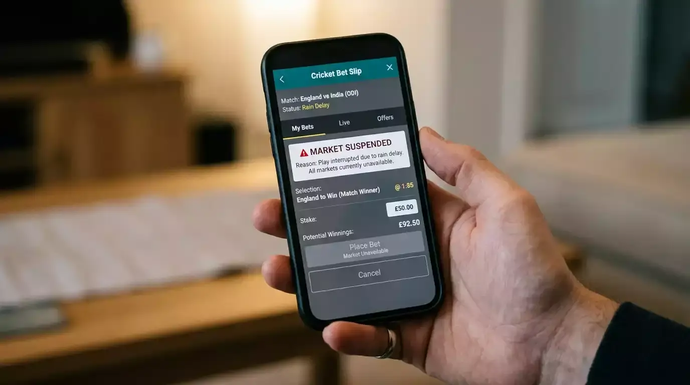 Mobile phone showing a UK cricket bet slip with a rain-delay suspension notice