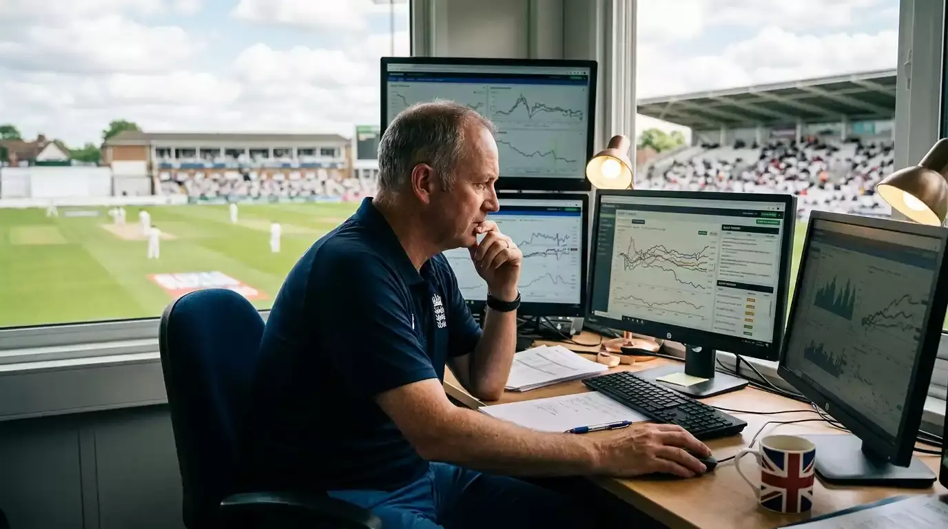 Analyst examining match alert dashboards with cricket odds movement charts on multiple monitors