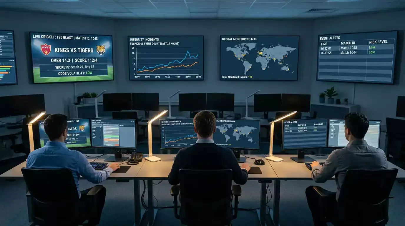 Sports integrity monitoring control room with analysts at workstations reviewing live cricket data feeds on wall displays