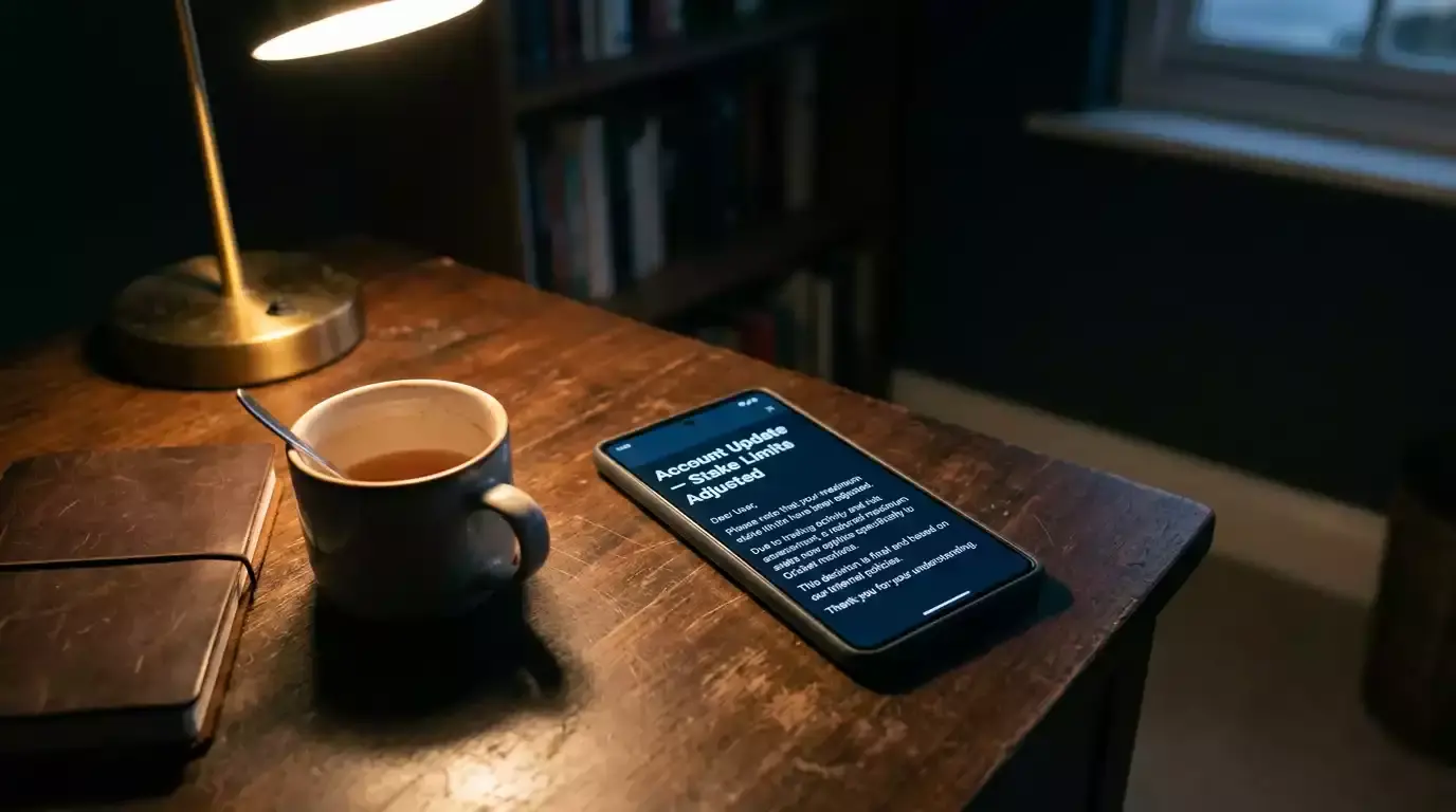 Smartphone resting on a desk showing a sportsbook account stake-restriction notification for a UK cricket market