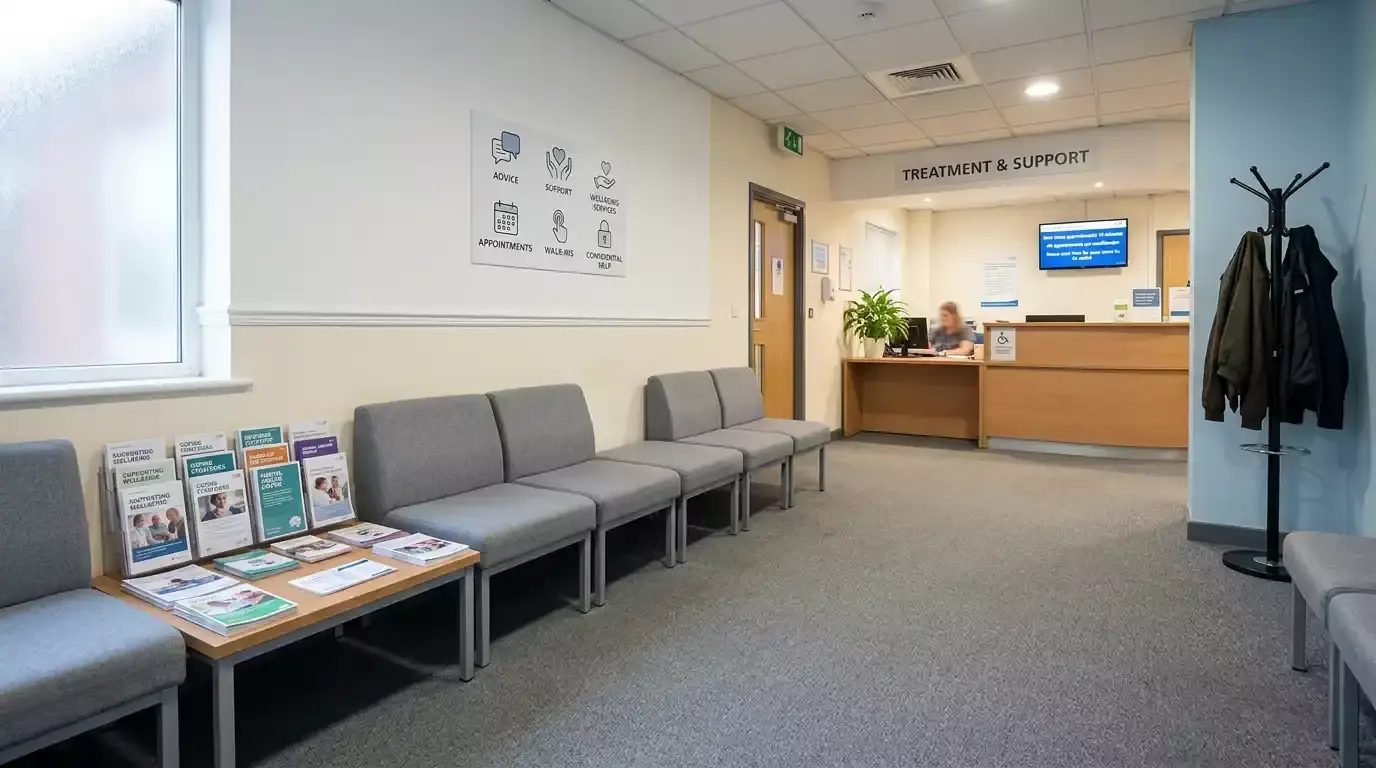 Quiet NHS gambling treatment clinic waiting area with neutral seating and a wall-mounted information board