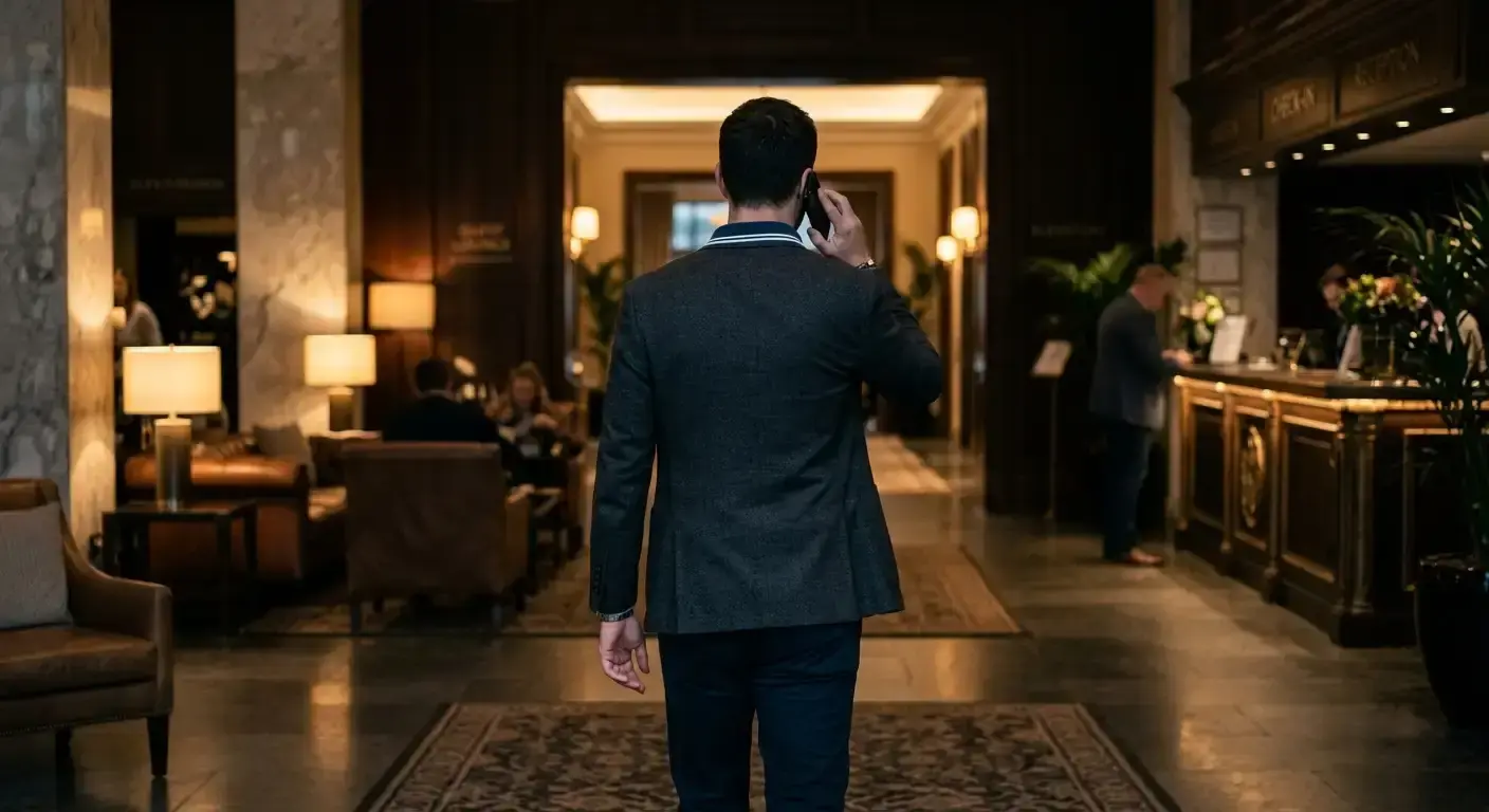 Anonymous figure in a hotel lobby answering a phone call in low light