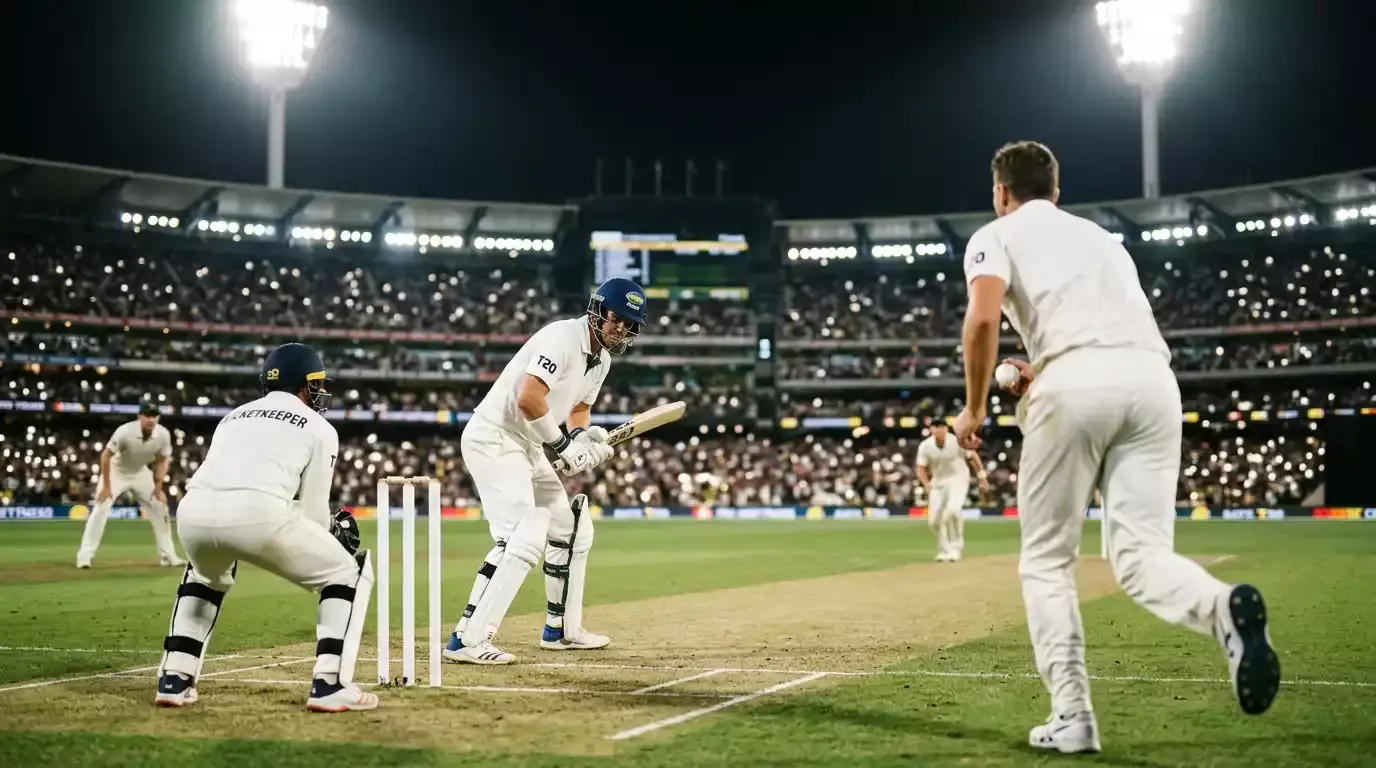 T20 cricket match at night under floodlights with batter facing the bowler