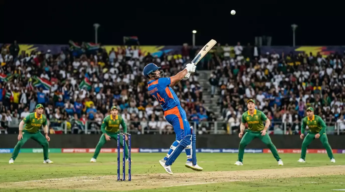 T20 international batter playing an aerial shot over the in-field during the powerplay with fielders inside the circle