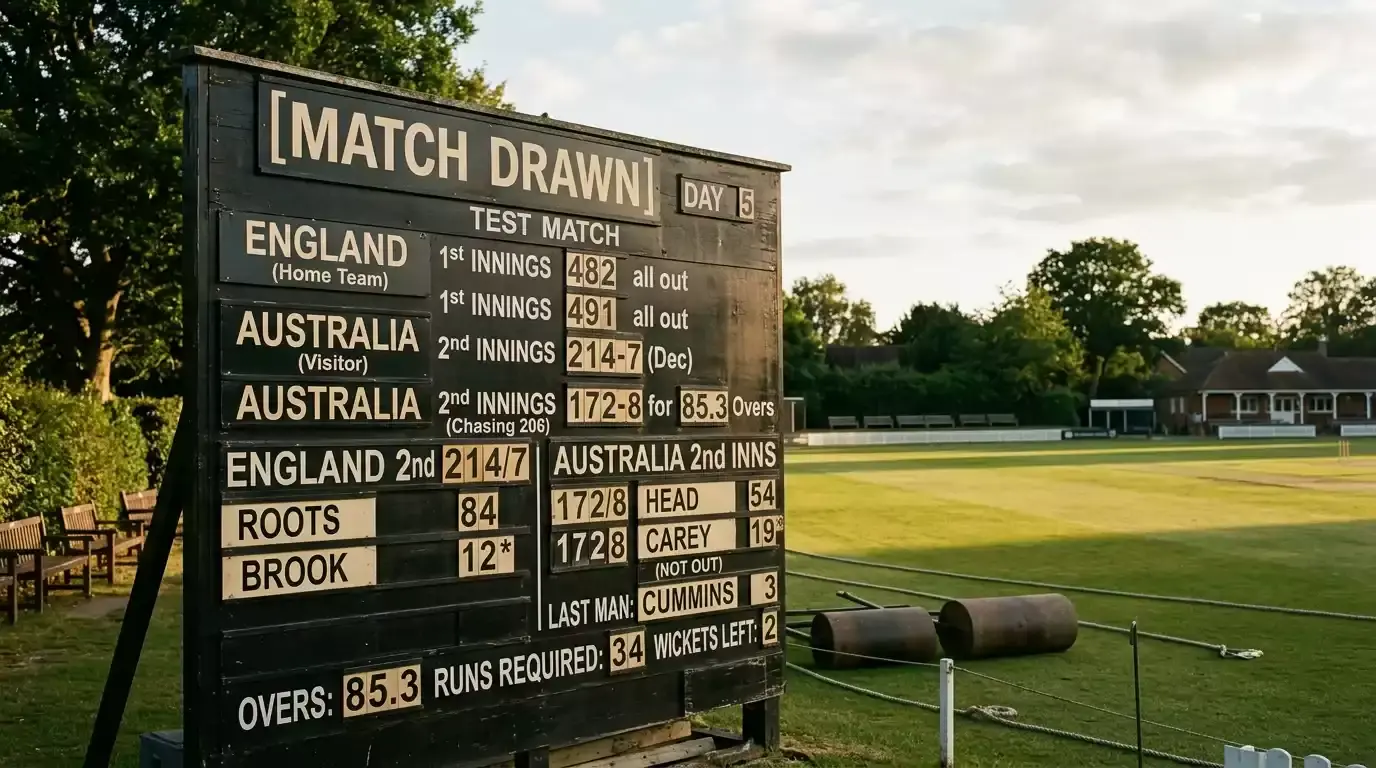Manual scoreboard at the end of day five of a Test match showing a draw