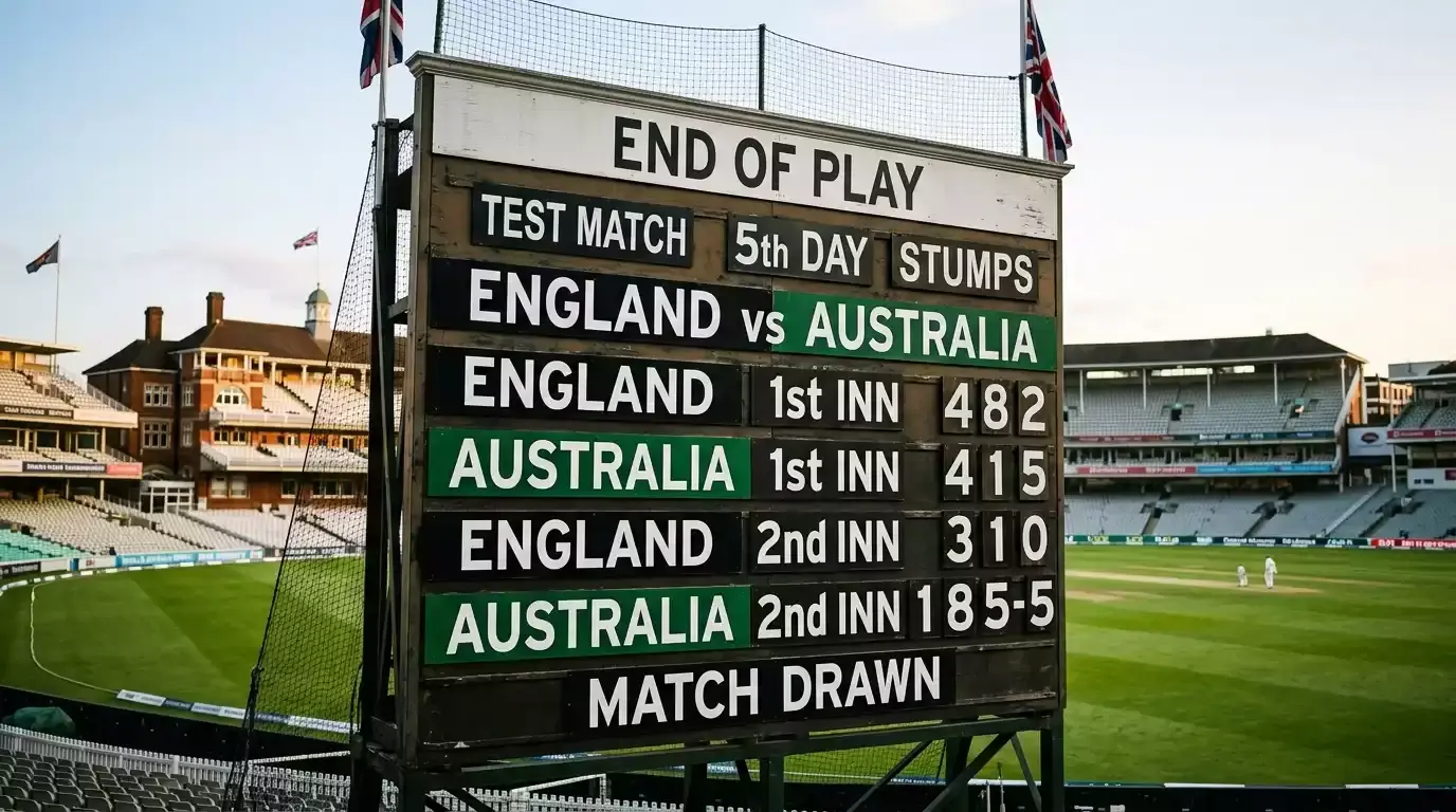 Test cricket scoreboard at the end of day five with a drawn result displayed