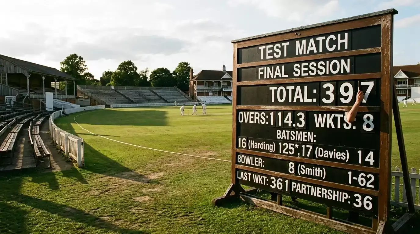Traditional Test cricket scoreboard showing a slow-paced day five session